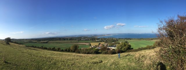 Approaching Old Harry near the South West Coast Path. Poole and the English Channel in the background.